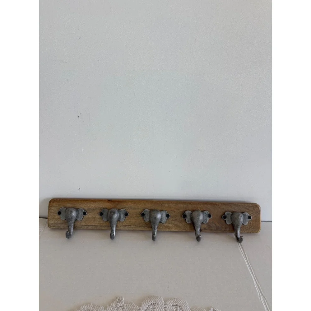 World Market Elephant Head Wall Hook Rack Wood Metal 5 Hooks Silver Brown 21